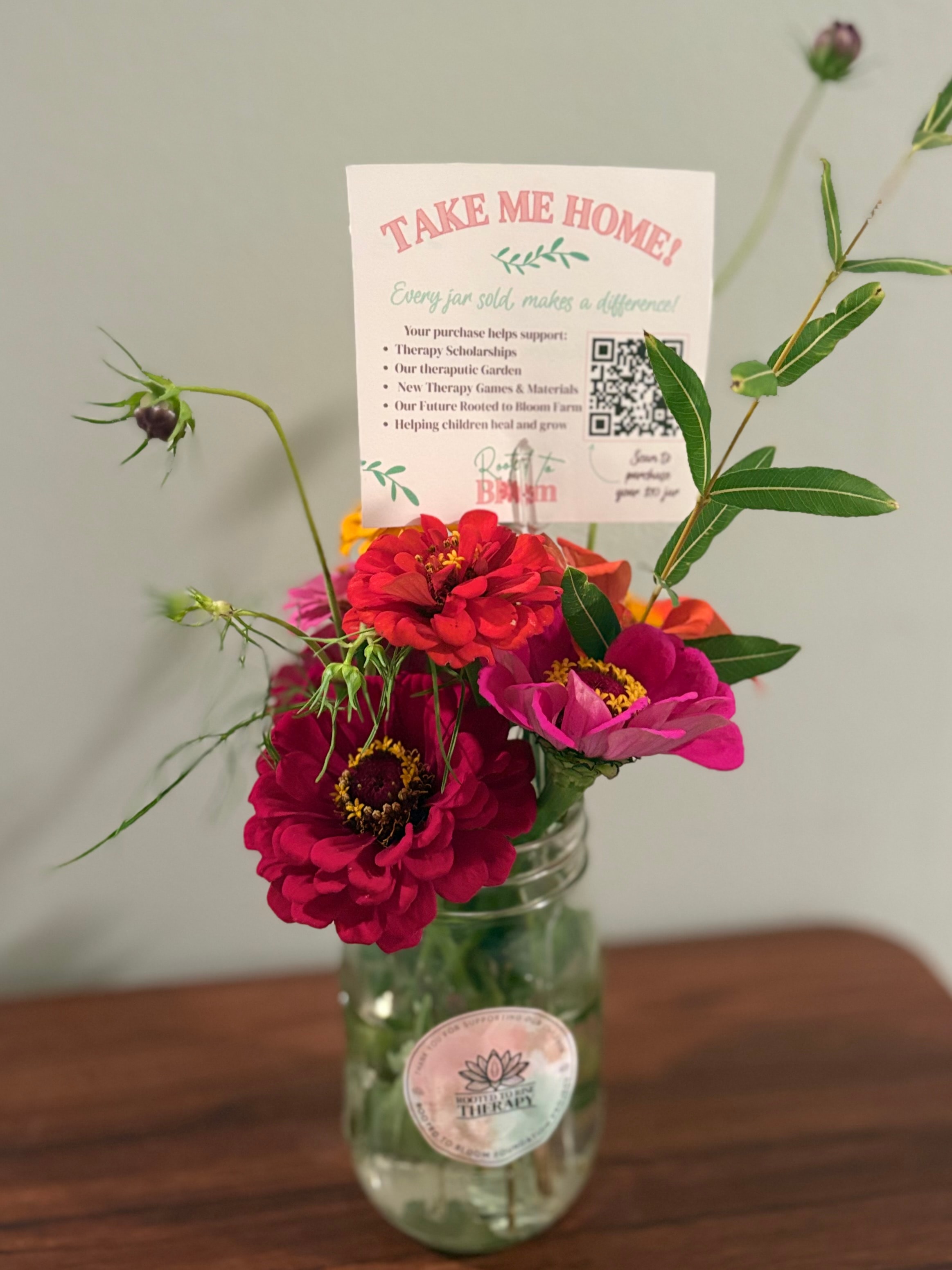 Take Me Home flower jar with branded mission card